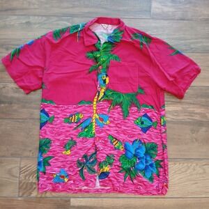 Vintage Caribbean Surf Mens‎ Medium Pink Hawaiian Parrot Tropical Button Camp